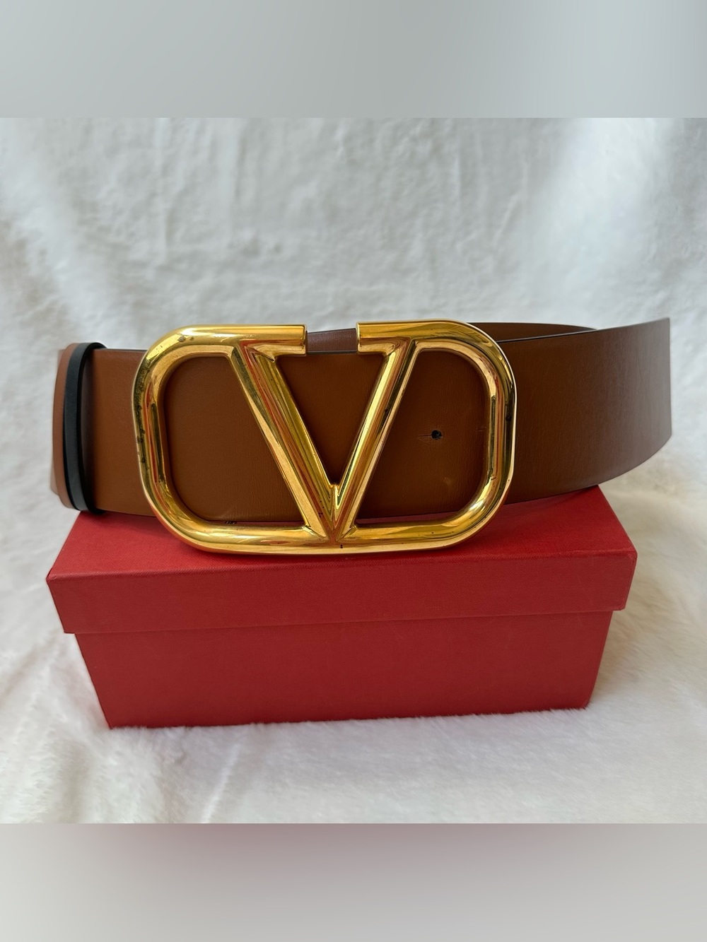 Valentino Tan Leather Belt with Gold V Buckle